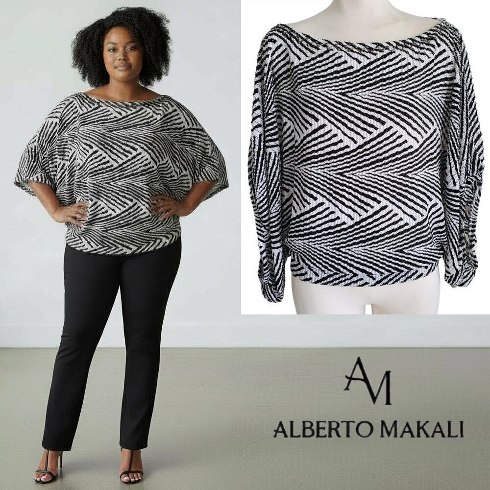 Alberto Makali Dolman Sleeve Bateau Beaded Neckline Pleated Geometric print XL